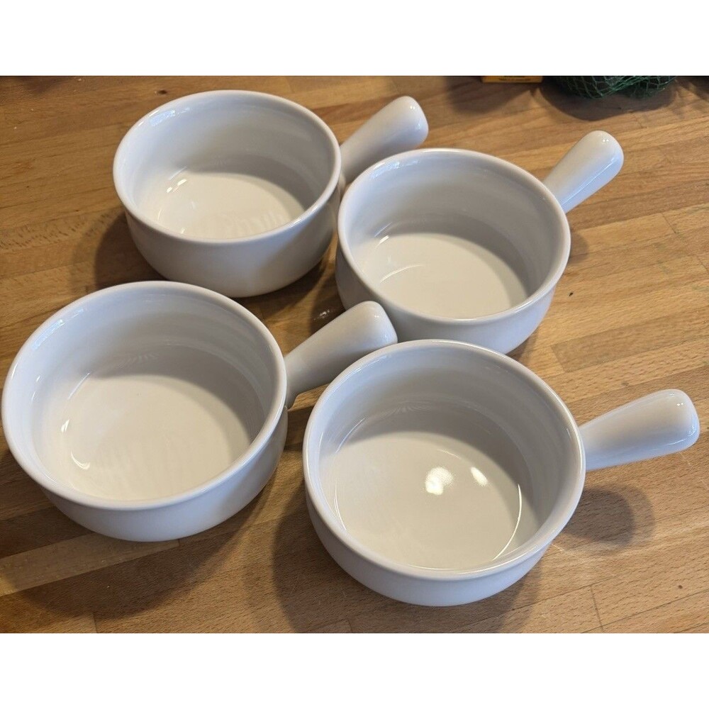 Williams Sonoma White Ceramic Onion Soup Bowls Handles Portugal Set of 4